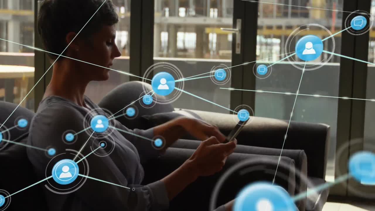 Animation of network of connections over thoughtful caucasian woman using smartphone