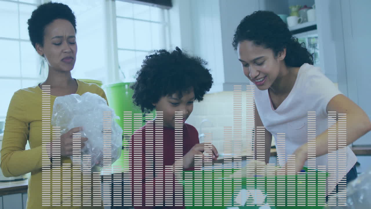 Family sorting recyclables in kitchen, showing animated sustainability charts, plastic bottle icons