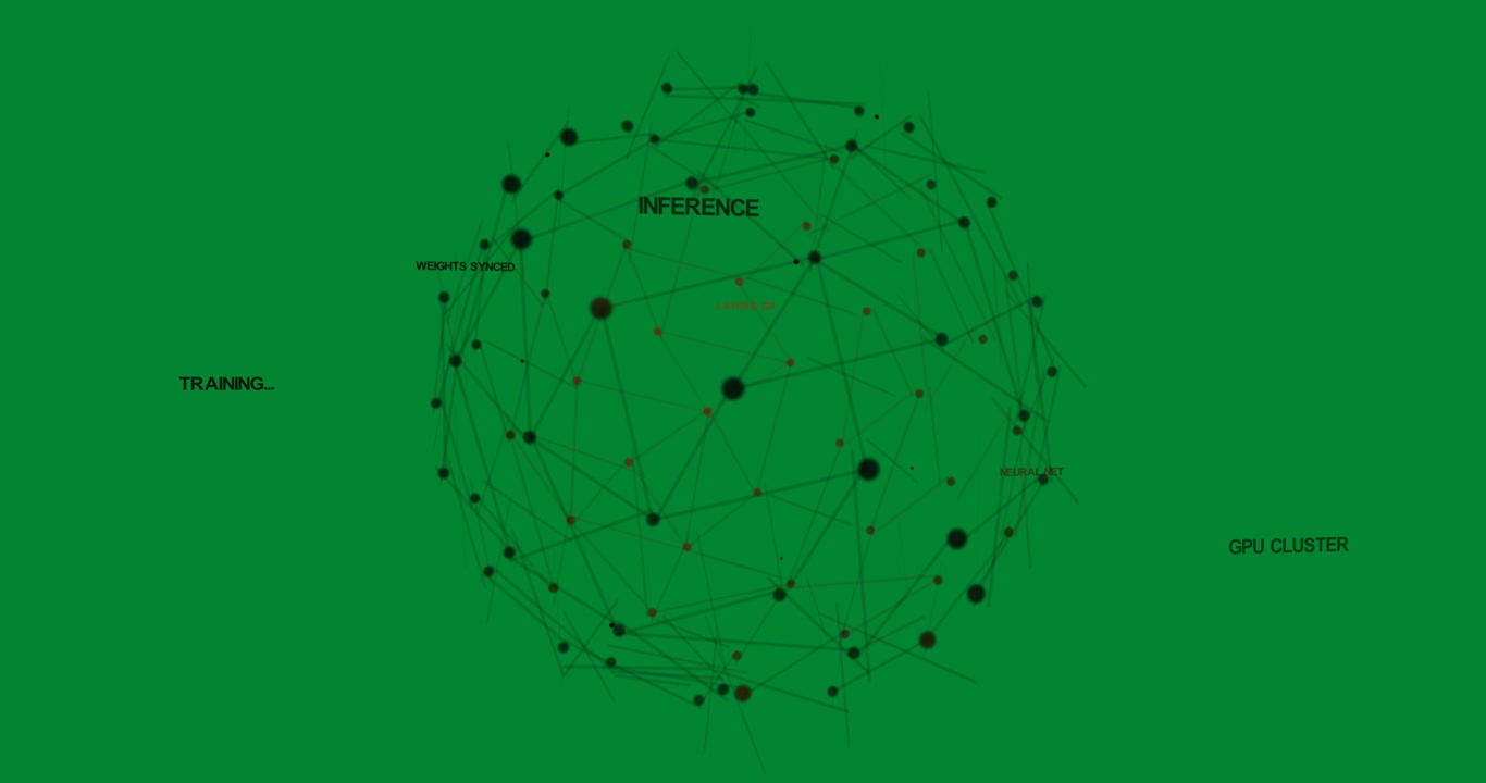 Starting faint orange labels on transparent bg, nodes assembling globe rotating, showing neural net
