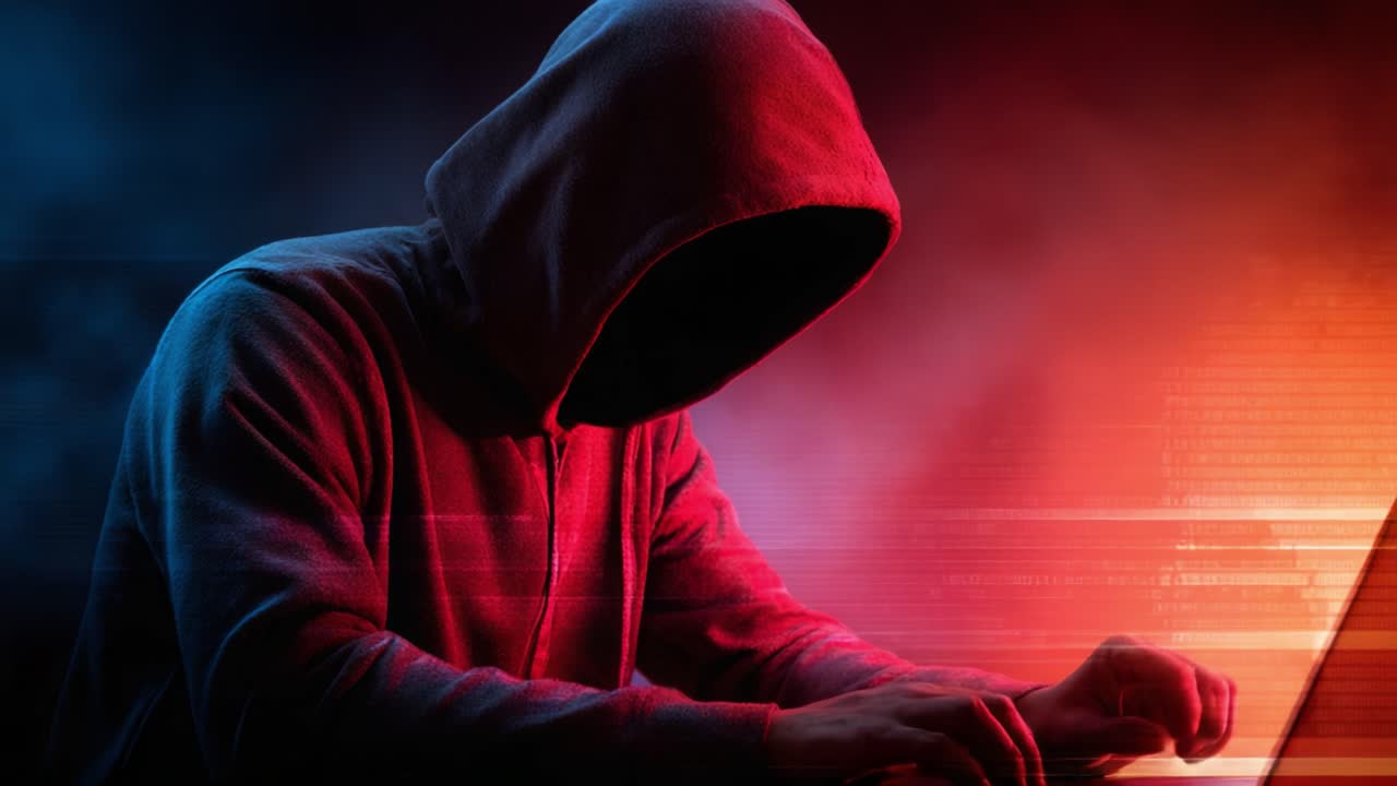 A Mysterious Figure in a Hoodie Engages with Technology, Surrounded by an Atmosphere of Intrigue and Digital Energy, Representing a Cyberworld Theme