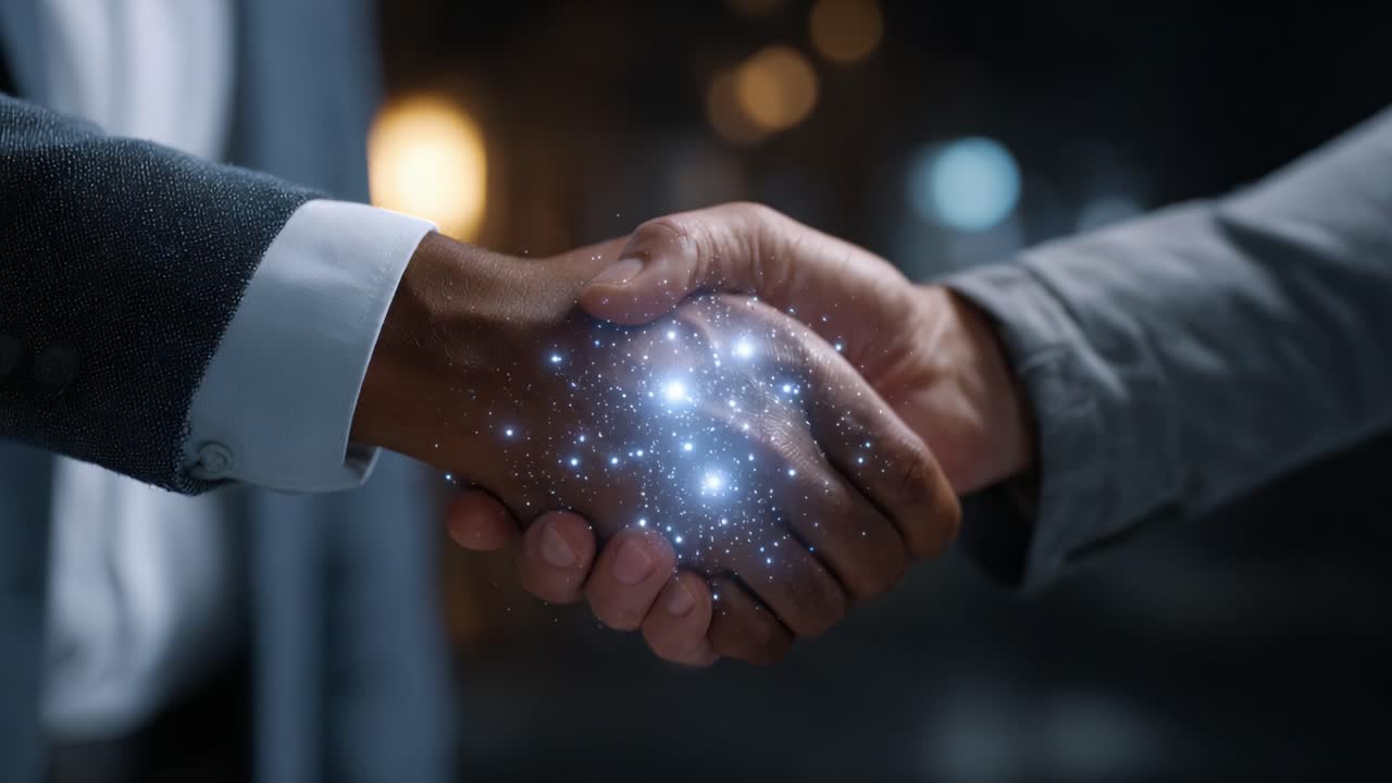 A Symbolic Handshake Between Two Individuals Representing Unity and Collaboration with a Magical Touch of Sparkles and Light Emphasizing Connection and Trust