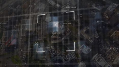 animación del procesamiento de datos y cuadros sobre el paisaje urbano