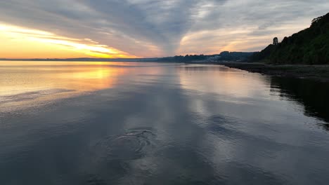 Luftaufnahme-Eines-Paares-Südlicher-Delfine,-Die-Auf-Der-Meeresoberfläche-Neben-Der-Chilenischen-Küste-Schwimmen,-Mit-Goldenem-Sonnenuntergangshimmel-Am-Horizont