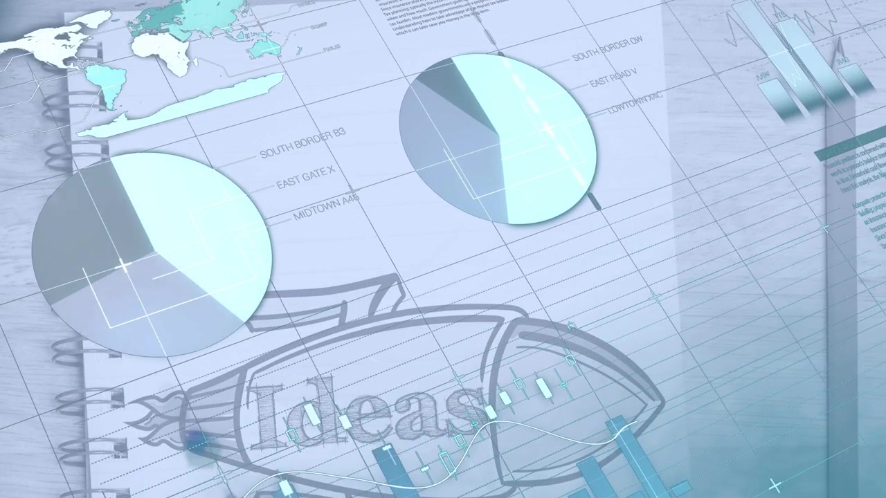 Camera panning across notebook, charts rising and visualizing business ideas on rocket sketch