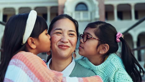 kiss, face and teacher with children in school