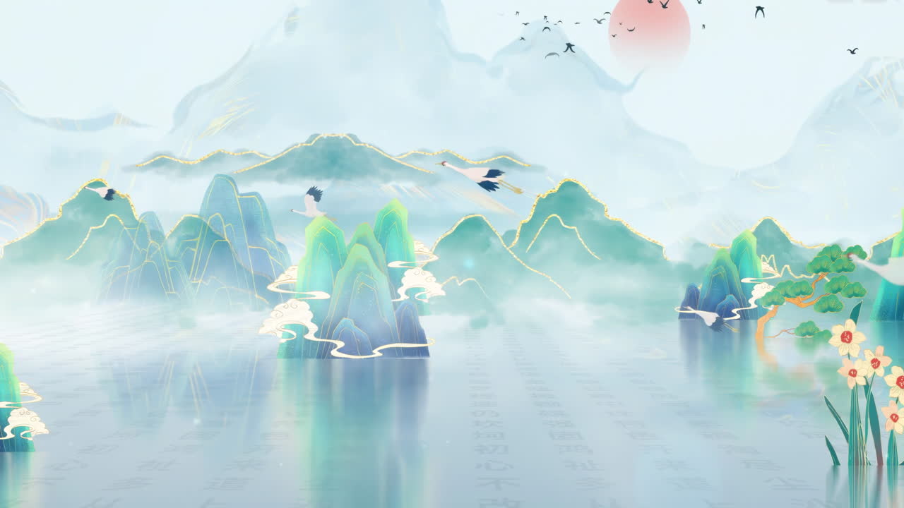 Mysterious landscape China's traditional Oriental Digital Art animation, Chinese retro painting ink misty mountain with flowers, tree, birds, river in fog background