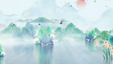 Mysterious-landscape-China's-traditional-Oriental-Digital-Art-animation,-Chinese-retro-painting-ink-misty-mountain-with-flowers,-tree,-birds,-river-in-fog-background