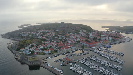 drone shot of marstrand island in sweden during sunset