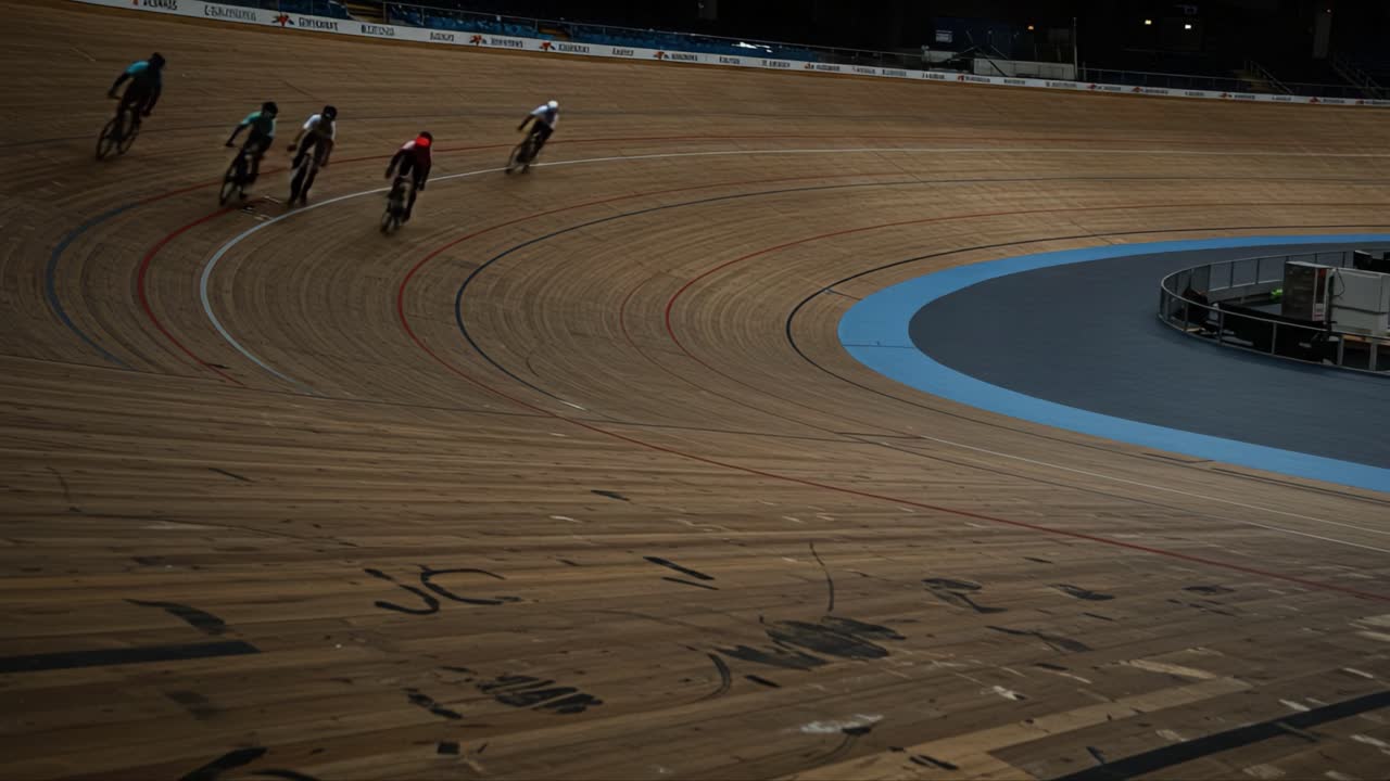 Intense Cycling Action on a Velodrome: Riders Compete in High-Speed Race While Navigating the Banked Wooden Track with Precision and Strategy