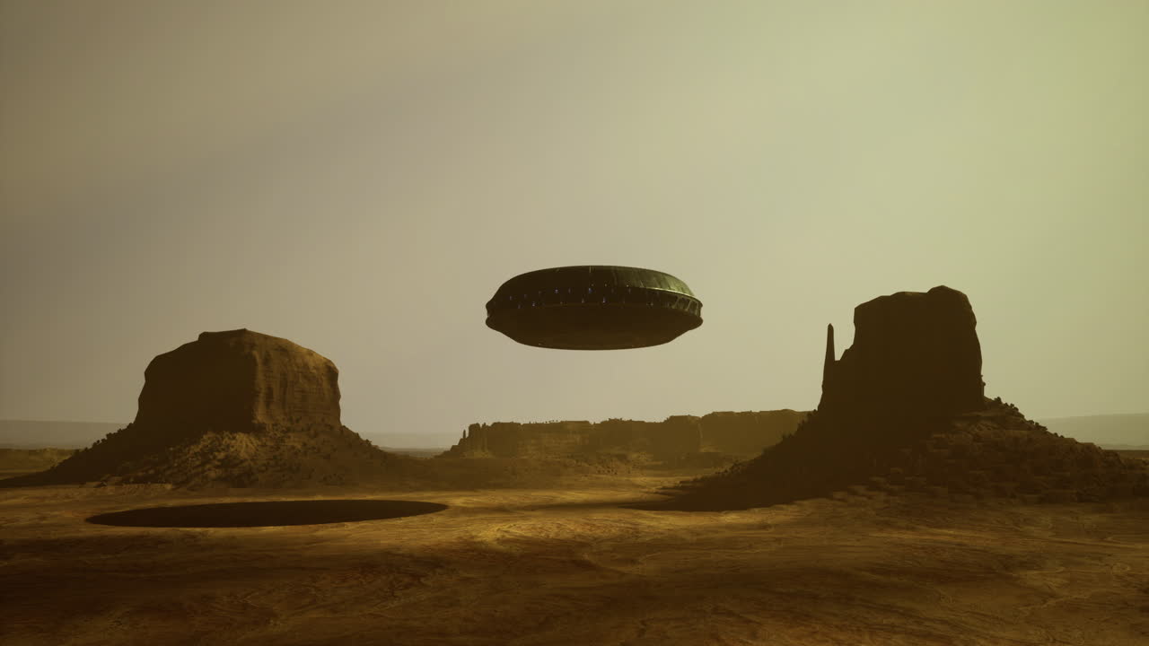 Mysterious ufo hovering over desert landscape at sunset