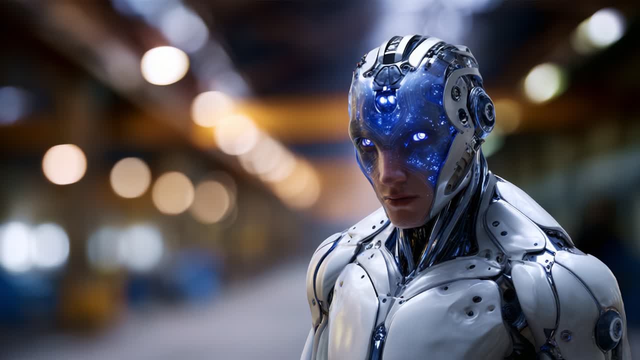 Robot umanoide futuristico con elementi blu luminosi e finitura metallica, ambientato in uno scenario industriale con illuminazione soft focus che ne esalta le caratteristiche