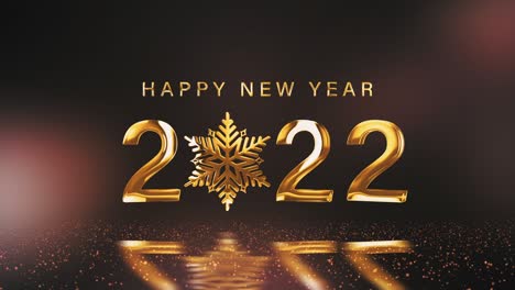 4k 3d loop happy new year 2022 golden text with gold glittering particles and flare light background concept. 2022 happy new year celebration festival