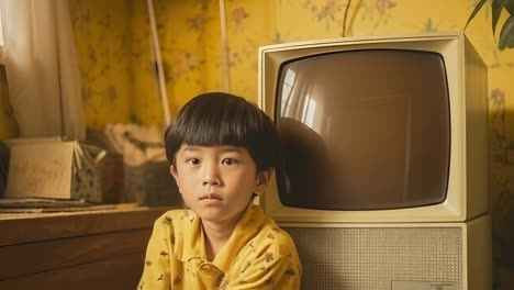 pensive young boy sitting near an old television in a vintage room. possibly contemplating the contrast between past and present entertainment. showcasing a nostalgic atmosphere with old technologies