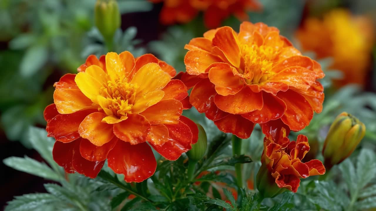 Fiori di calendula vivaci che sbocciano con gocce di rugiada, catturati in due fasi: freschezza mattutina e colori radiosi che mostrano la bellezza e la resilienza della natura.