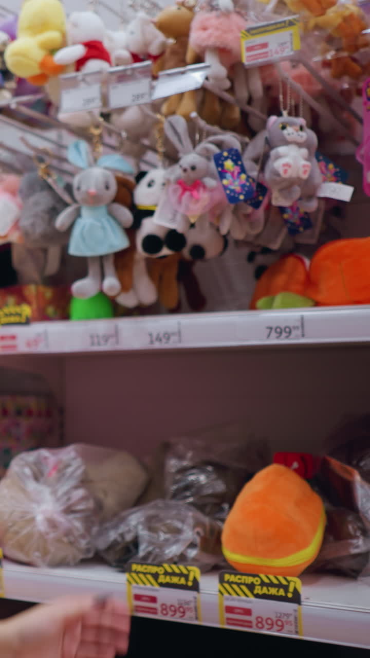 검은 티셔츠와 청바지를 입은 젊은 여성이 장난감 가게 선반을 둘러보며 부드러운 플러시 장난감, 활기찬 플러시 동물 및 키체인에 도달합니다.