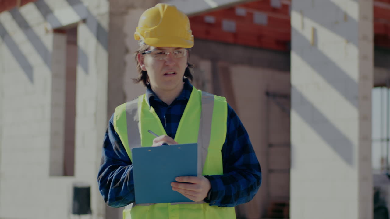 Confident young male contractor wearing hardhat and reflective clothing writing on clipboard at construction site on sunny day
