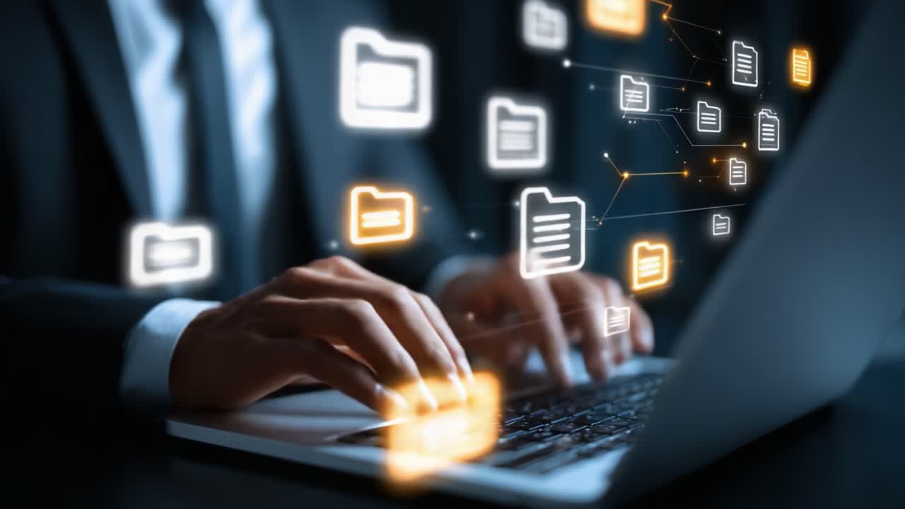 A Professional Engaging in Digital Data Management: Navigating through Folders and Files on a Laptop with an Emphasis on Modern Technology and Information Flow