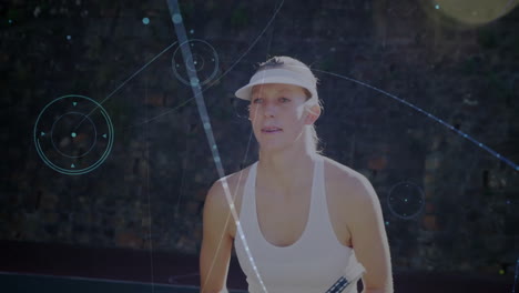 female tennis player swinging racket on outdoor court, showcasing sports technology hud overlays