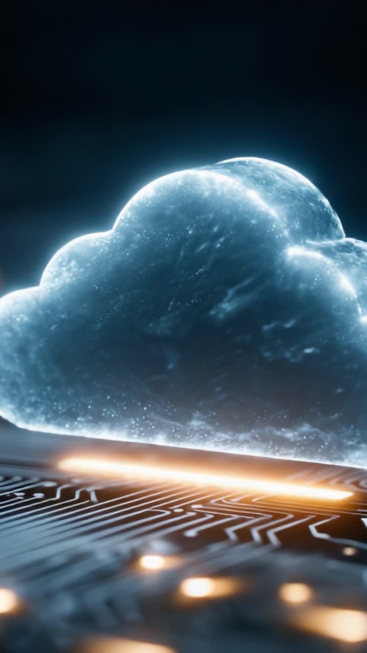 Digital Cloud Representation Over Circuit Board: An Artistic Rendering of Cloud Technology with Glowing Effects and Modern Computing Elements