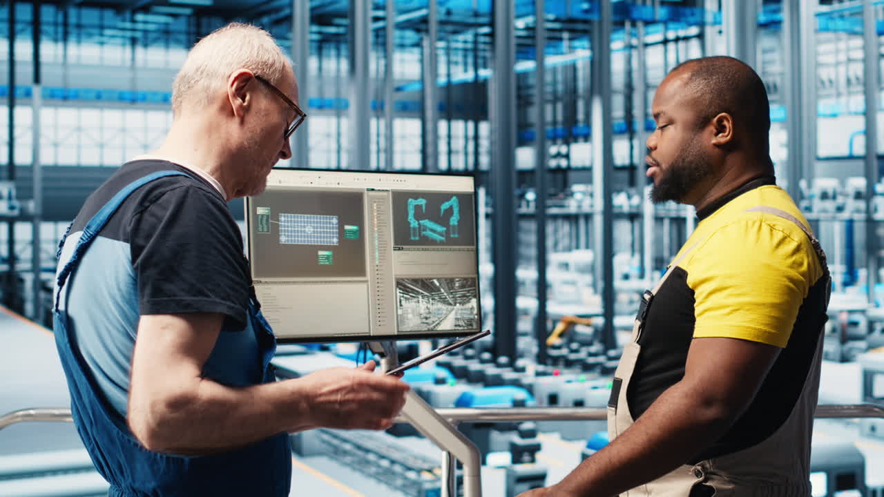 experto en fábricas fotovoltaicas inteligentes que mira las métricas en el software de la computadora portátil