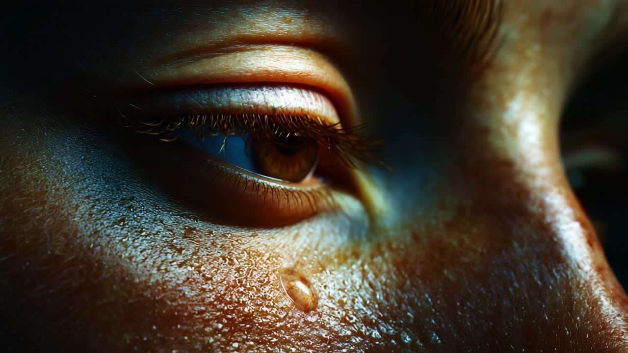 Close-Up of a Tear Rolling Down a Cheek, Capturing Raw Emotion Through Detailed Skin Texture and the Intensity of a Thoughtful Eye Reflection