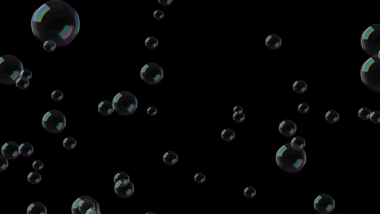 burbujas de jabón que se elevan en fondo negro animación 3d