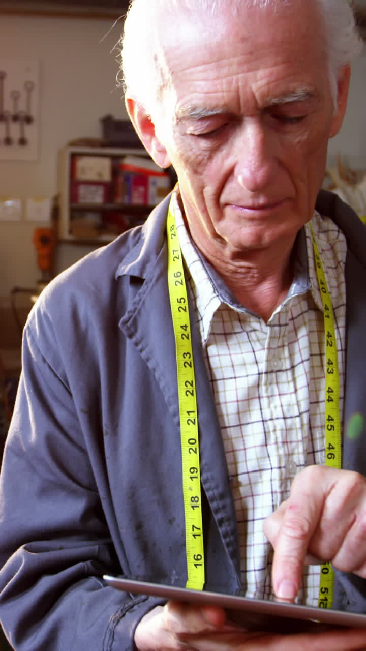 디지털 태블릿을 사용하는 신발 제작자