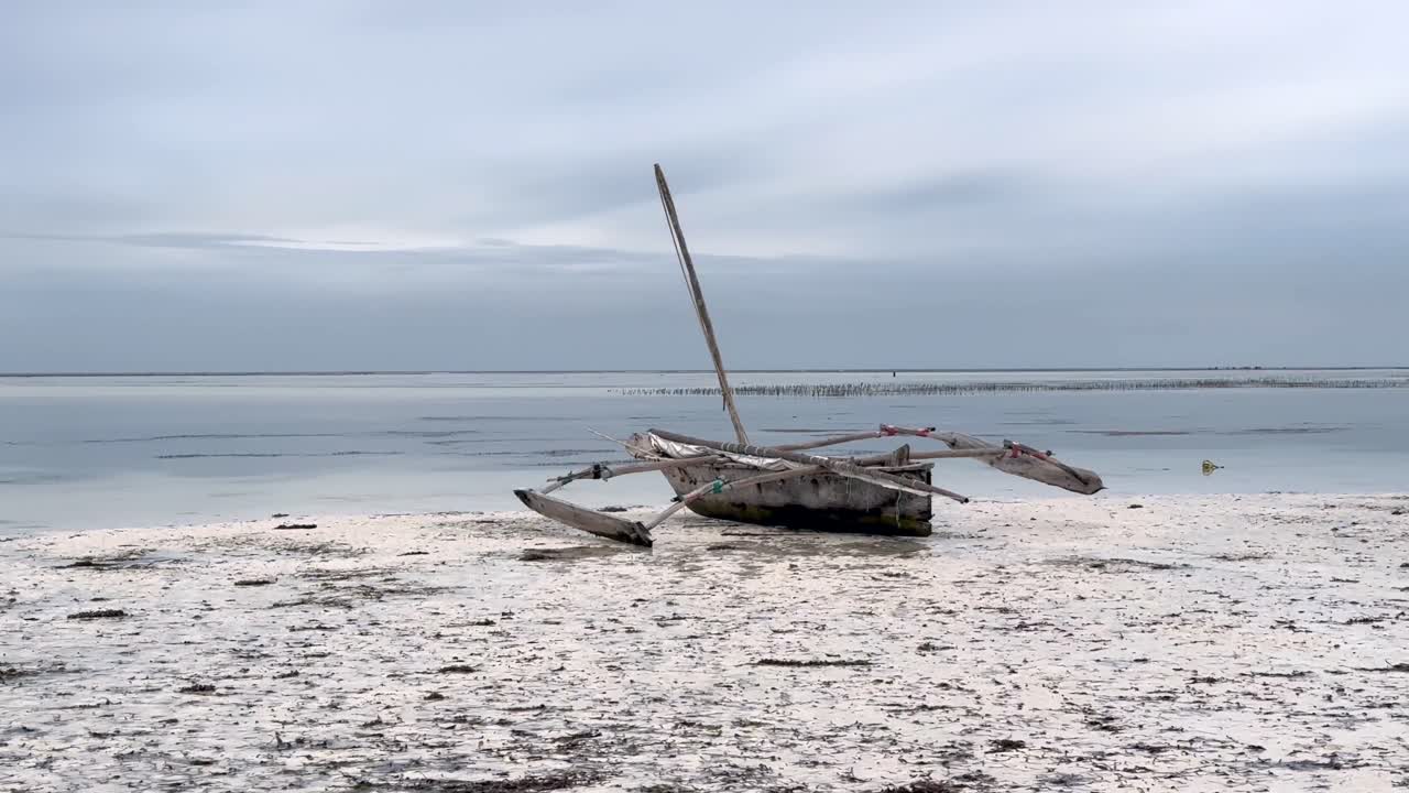 Zanzibar strand med en traditionell dhow-segelbåt under lågvatten. Tanzania.
