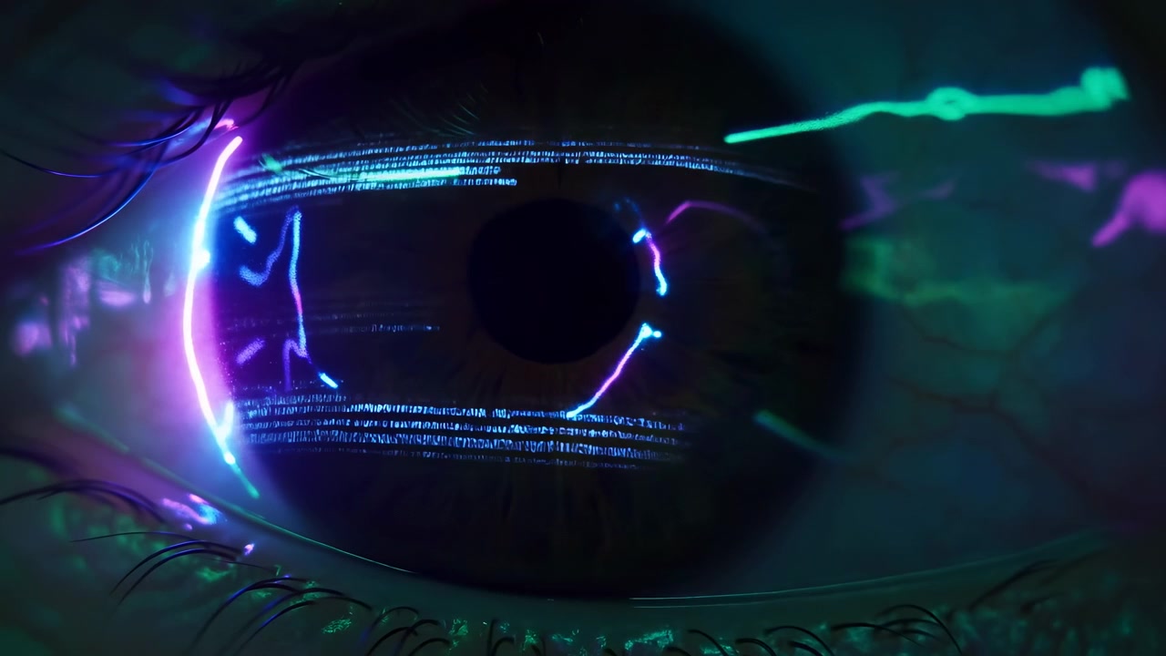 Neon Lit Human Eye With Reflections In Closeup, Iris And Pupil Mirror Cyan And Magenta Light, Subtle Eyelashes