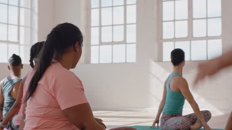 yoga class young overweight woman exercising practicing poses stretching body enjoying healthy weight loss lifestyle in fitness studio