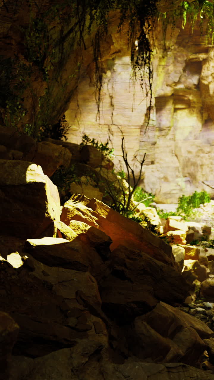 Exploring a hidden cave with lush greenery and rocky formations during daylight