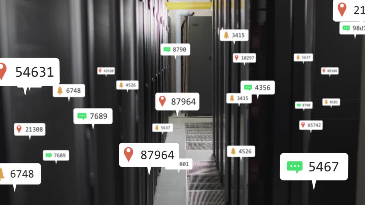 '10297' label appearing over aisle on opening, icons peaking then receding showing data flow