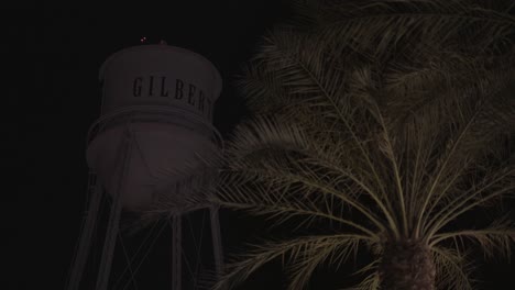 espectáculo de luz de la torre de agua de gilbert detrás de una palmera