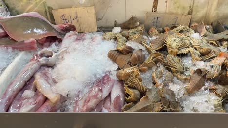 fresh raw seafood of prawns, crayfishes and cuttlefishes sold in singapore chinatown market