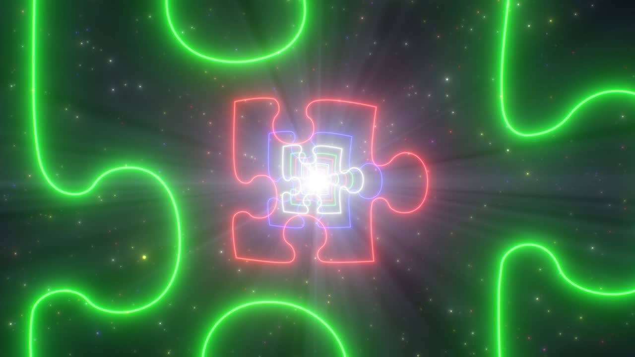 Jigsaw Puzzle Piece Shape Outline Glowing Neon Light Tunnel Particles - 4K Seamless VJ Loop Motion Background Animation