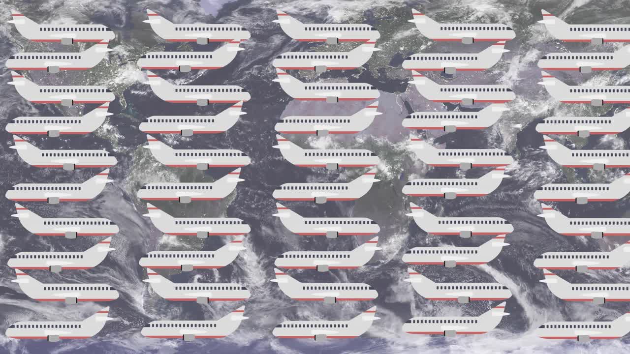 세계 지도 위의 비행기의 애니메이션