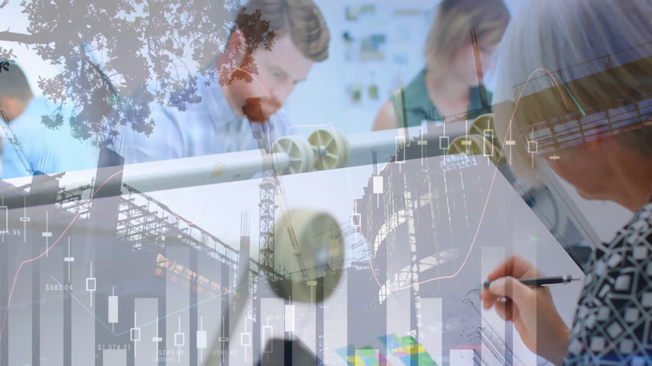 그래프와 건축가들이 사무실과 건설 중인 건물에서 그림을 그리고 있습니다.