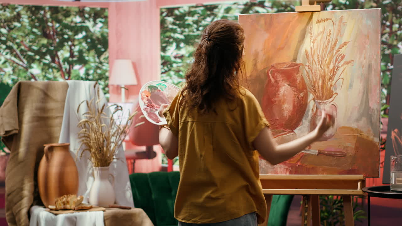 Artist painting a still life in the studio
