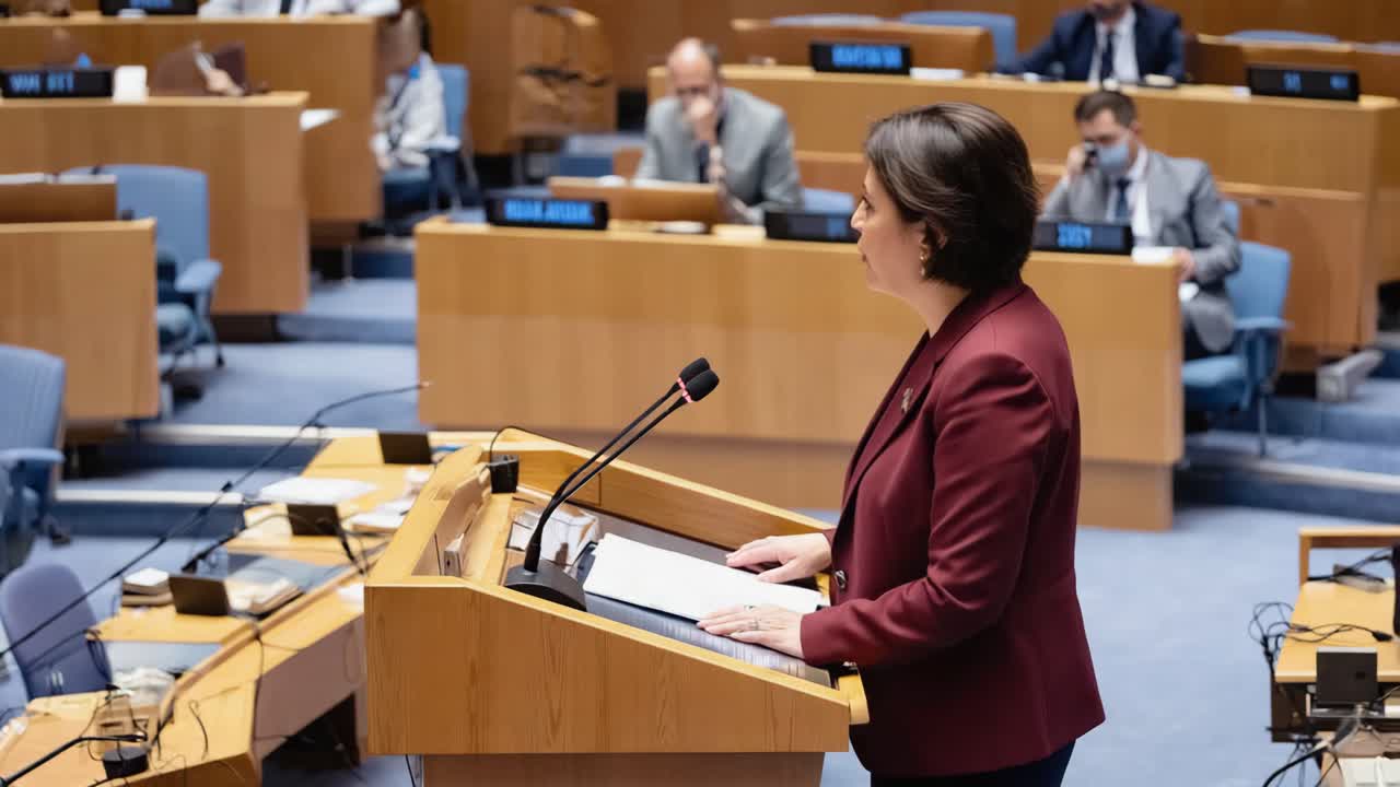 A woman giving a speech at a conference
