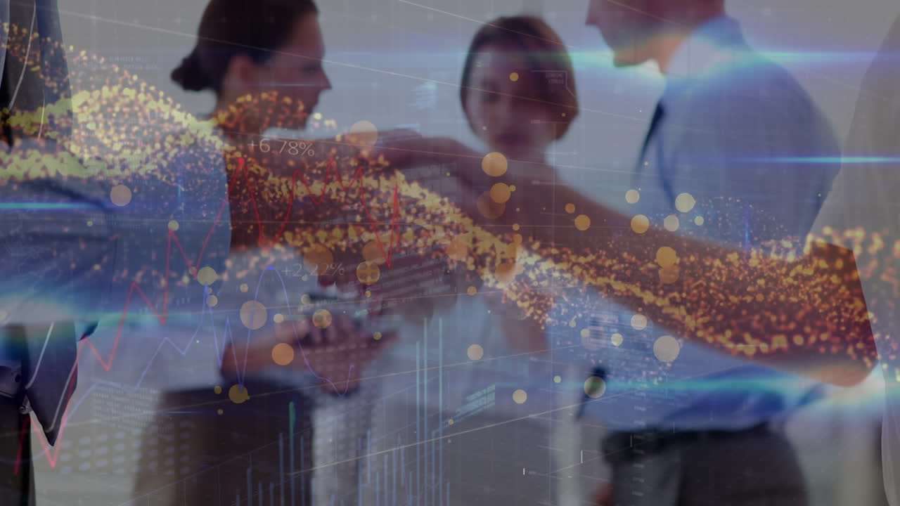 회의 중에 손을 흔드는 백인 사업가들에 대한 금융 그래프의 애니메이션