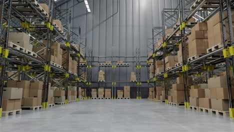 animación de la vista del avión no tripulado de las pilas de cajas en el almacén