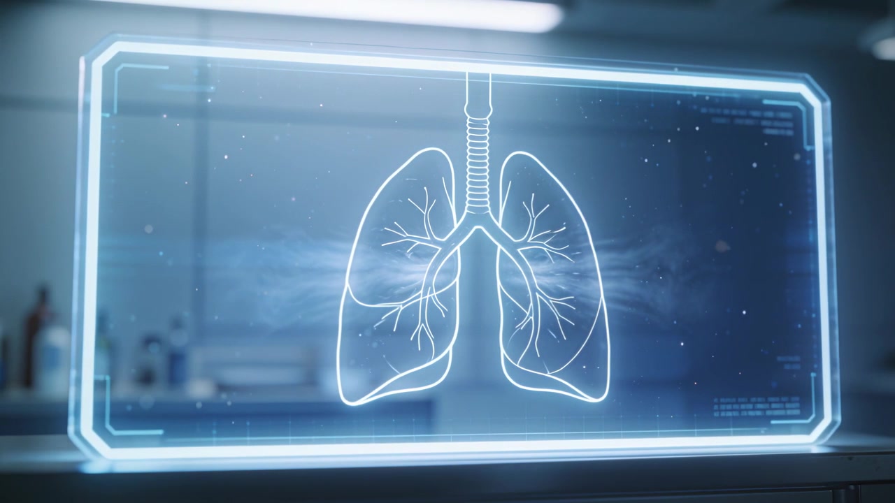 Pannello olografico di un polmone proiettato su banco da laboratorio dopo l'avvio, nebbia fluttuante e HUD per la ricerca