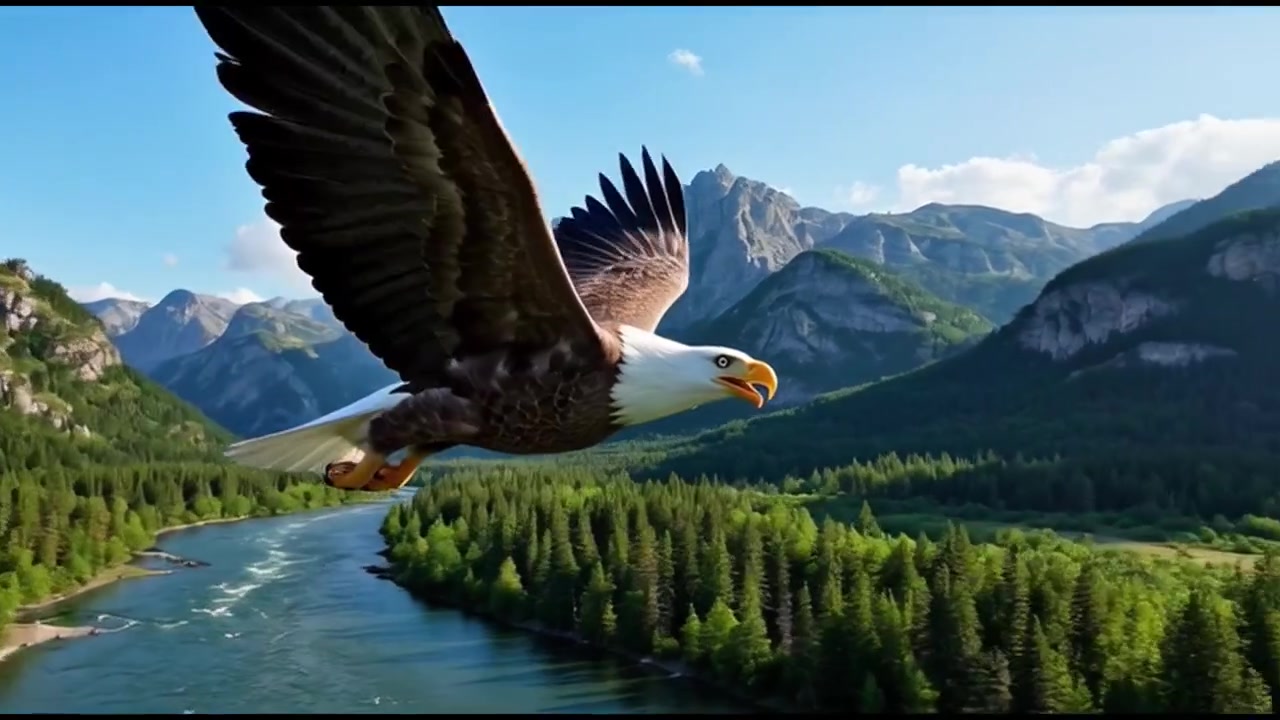 Aquila di mare testabianca che vola sopra un fiume e una valle di montagna boscosa