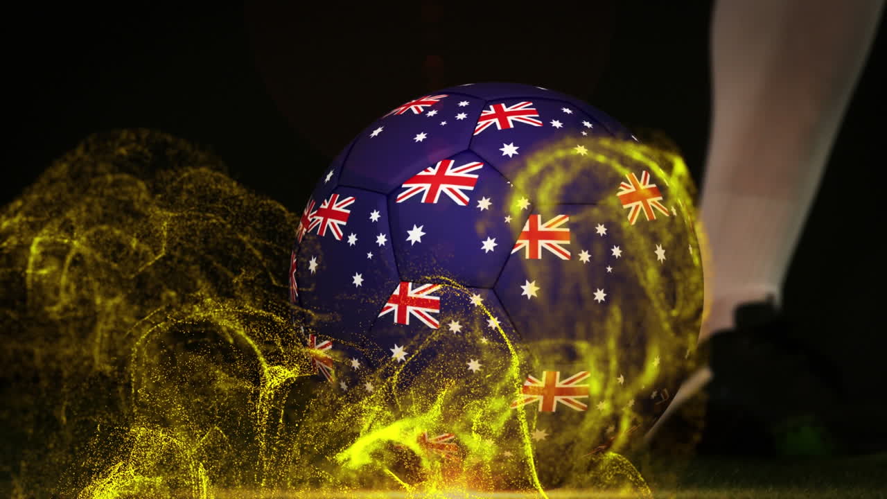 Animation of glitter over legs of caucasian male soccer player kicking ball with flag of australia