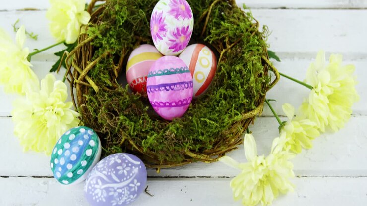 Colorful Easter eggs in the nest
