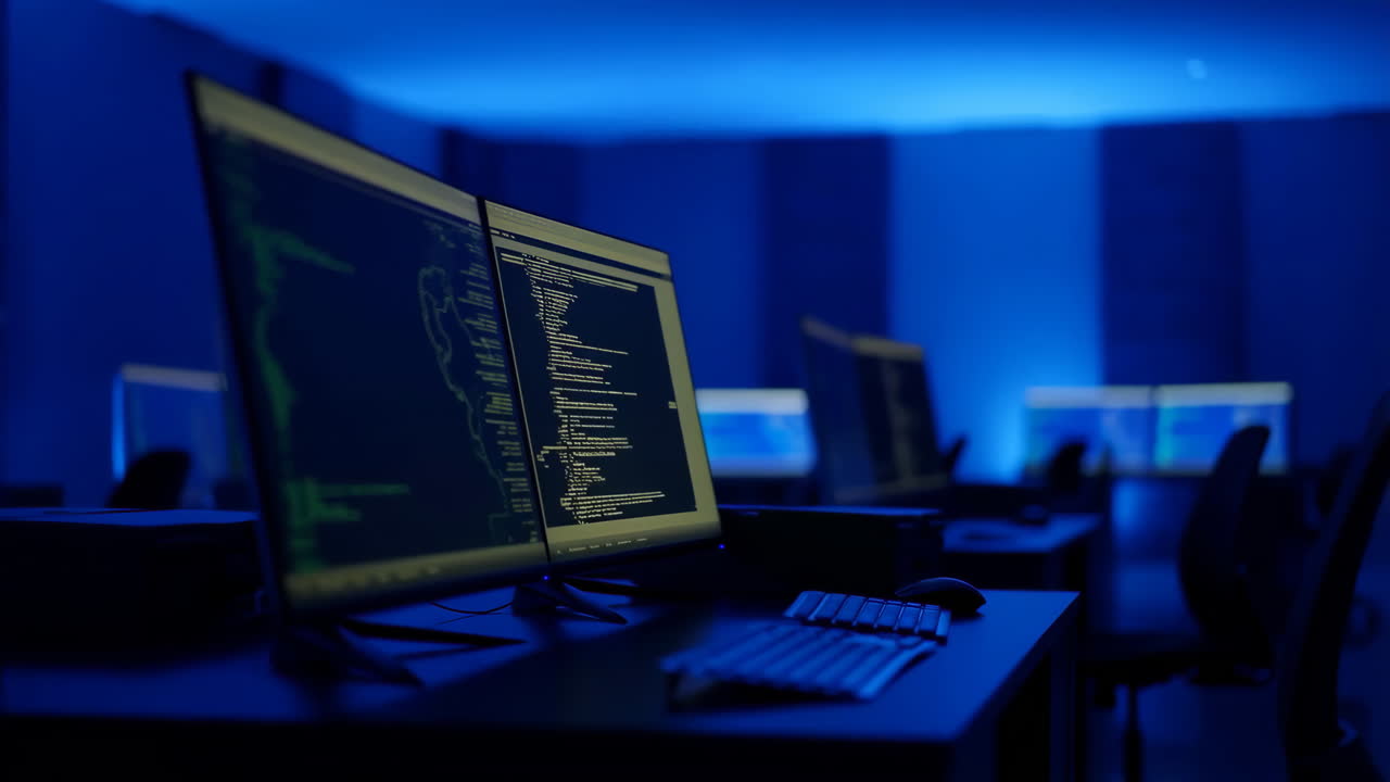 Computer Lab with Code on Screens in Blue Light