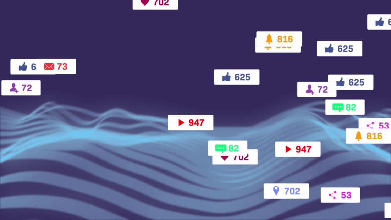 Animation of icon and changing numbers over dynamic wave pattern against abstract background