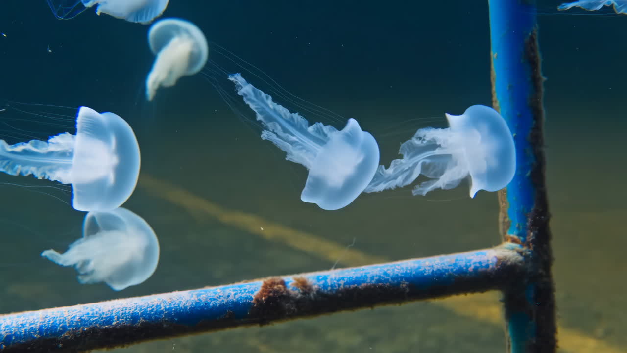 Jellyfish swimming in murky water near a blue structure