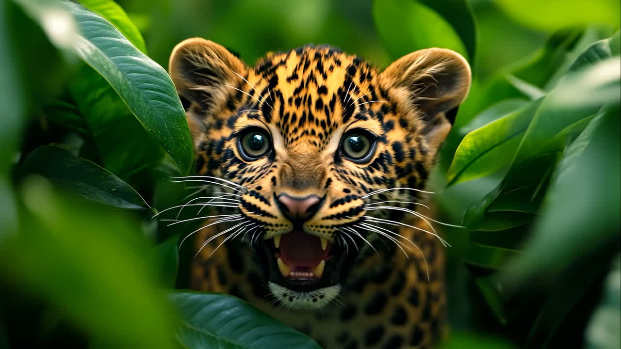 Cachorro de leopardo explorando hojas. Un cachorro de leopardo se sienta entre hojas verdes, con un aspecto curioso y alerta en su hábitat natural durante el día