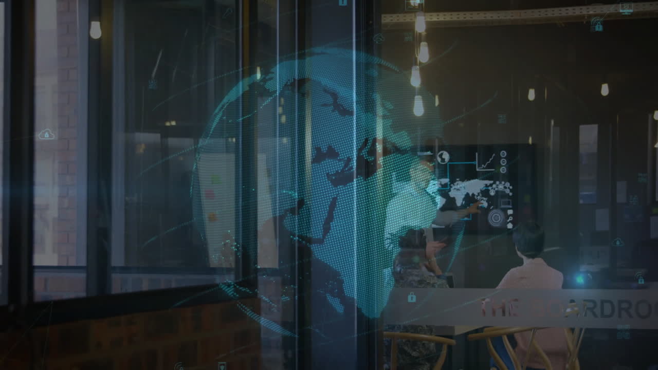 Three coworkers interacting with digital display, rotating holographic globe in business meeting